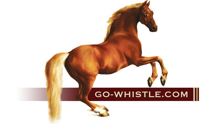 Horse with front legs in the air over banner that says go-whistle.com